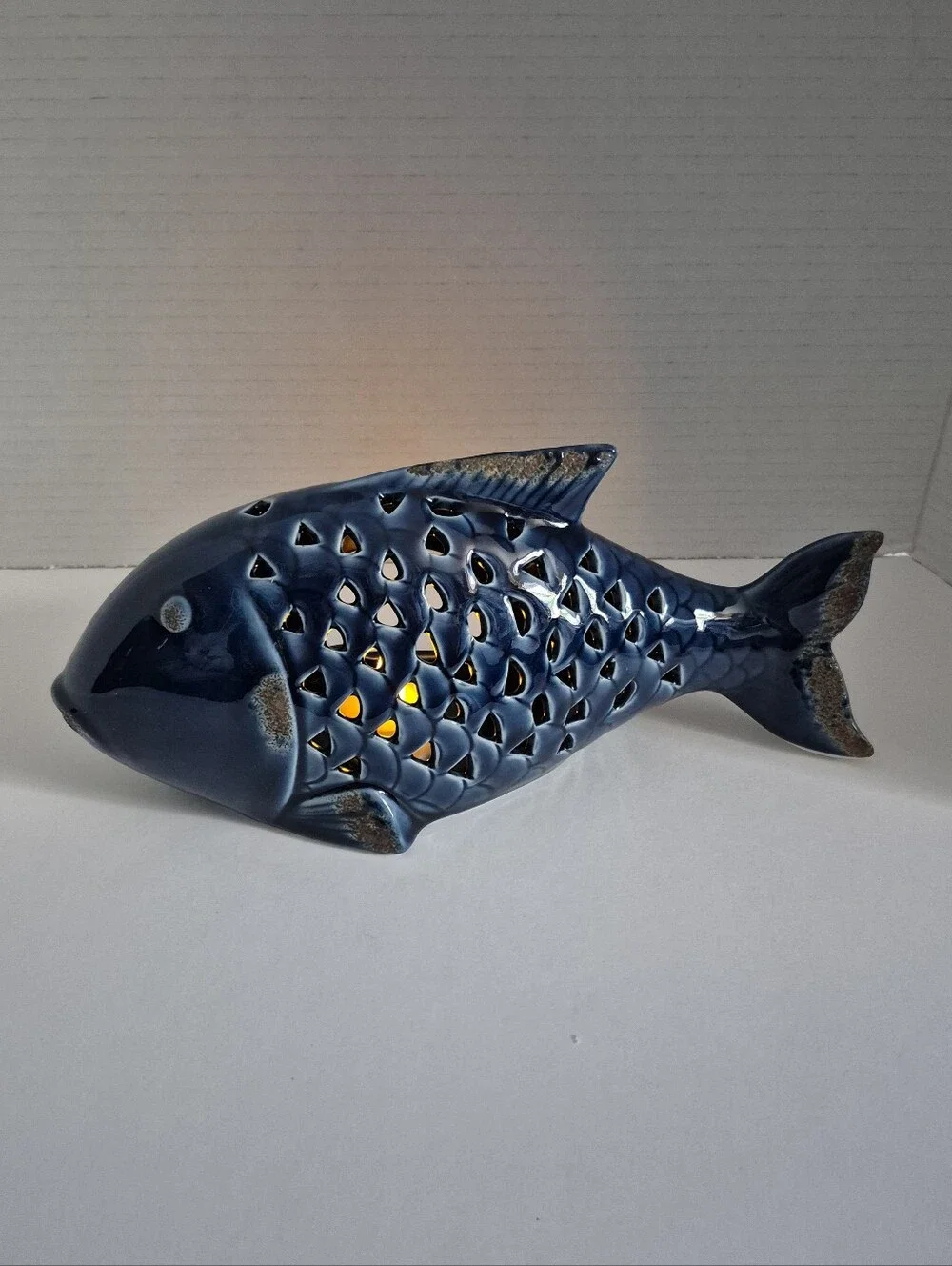 Pier 1 Vintage Cobalt Blue Ceramic Large Fish Tealight Candleholder NWT Rare